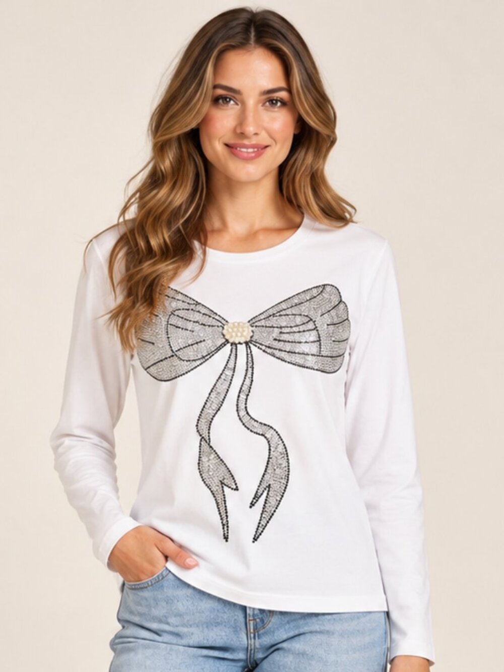 Arix & Fashion White Bow Blouse M/L Rhinestone Pearl Embellished NWT